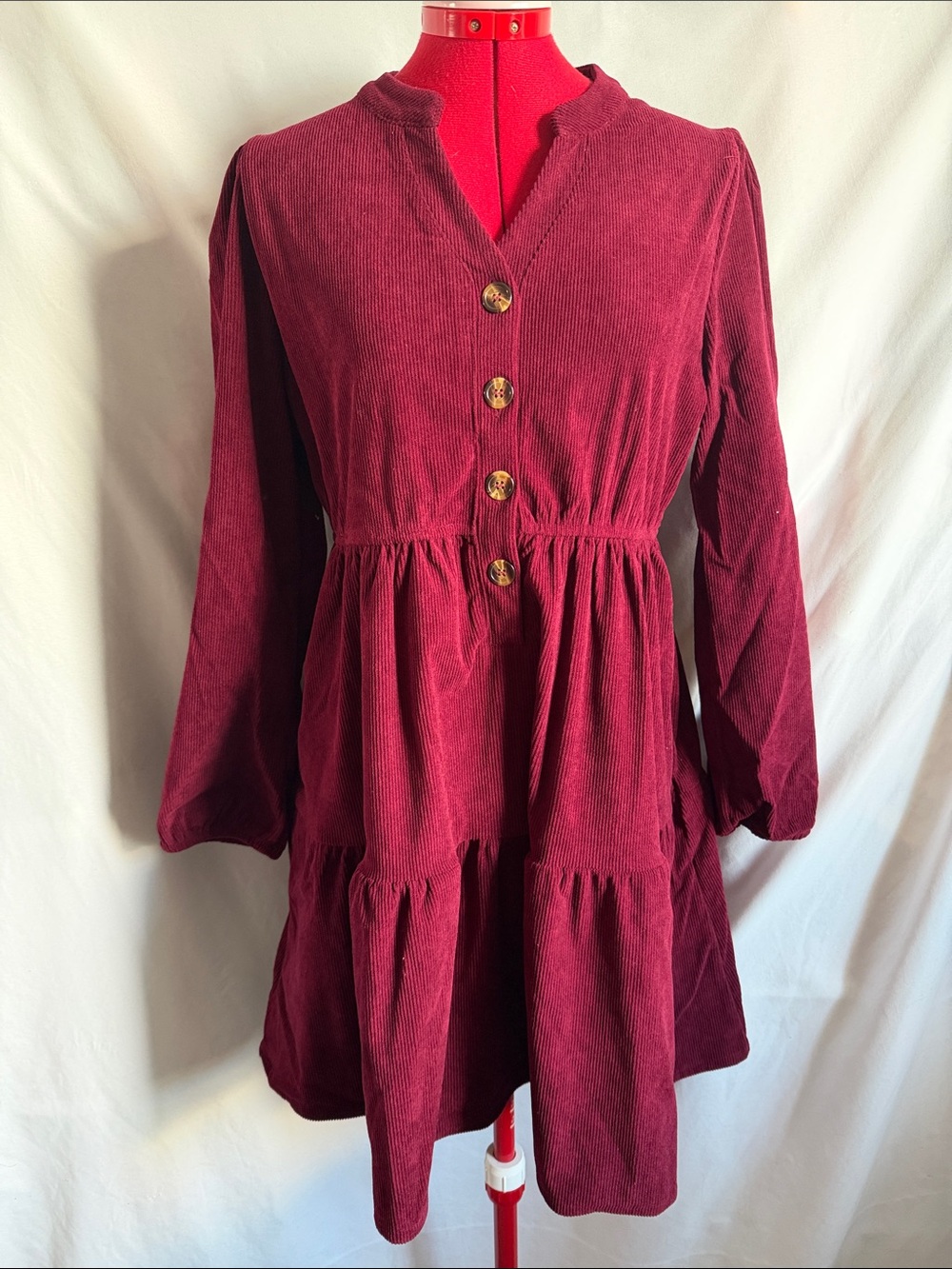 Corduroy Tiered Long-Sleeve Dress in Burgundy
